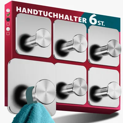 Produktbild von Handtuchhalter ohne Bohren Edelstahl, 6er Set - Wasserfeste Badezimmer Handtuchhalter, moderne Klebehaken fürs Bad, Haken selbstklebend als stabil Handtuchhaken, funktional und hochwertig