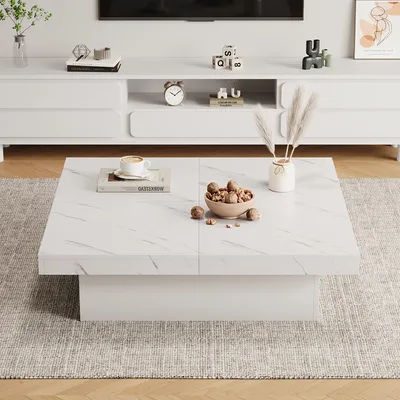 Obrázek produktu pro Konferenční stolek – moderní design s povrchem imitujícím mramor, čtyři zásuvky a výsuvná deska