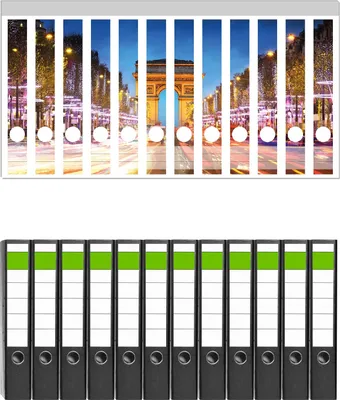 Produktbild von Wallario 12 Stück schmale Ordner inkl. Klebeetiketten mit Motive Arc de triomphe in Paris bei Nacht -  Set mit Rückenschildern / Ordnerrücken Stickern
