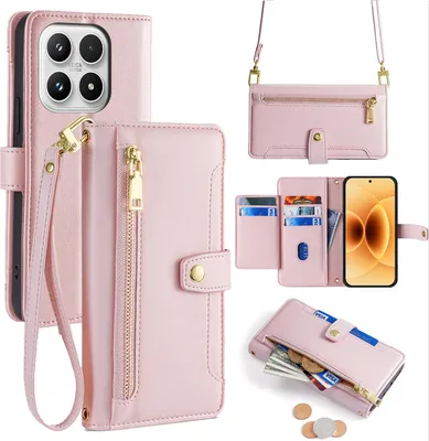 Produktbild von Handykette für Xiaomi 17 Hülle mit Band Handyhülle Kartenfächer Kunstleder Umhängetasche in Rosa