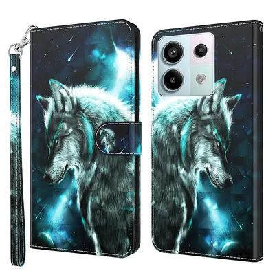 Produktbild von CLM-Tech Handyhülle kompatibel mit Xiaomi Redmi Note 13 Pro 5G Hülle - Tasche aus Kunstleder - Klapphülle mit Ständer und Kartenfächern - Schutzhülle Wallet Case Cover Wolf blau schwarz