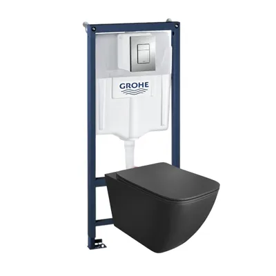 Produktbild von LAVITA Wand Hänge WC Onil Schwarz Spülrandlos + WC-Sitz SoftClose | Matt Verchromter Knopf | Komplettset | Unterputz Spülkasten | Toilette Komplett Sett |