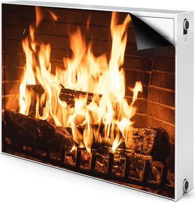 A radiator cover with a printed image of a fireplace with burning logs.