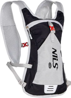 A black and gray running backpack is shown against a white background.