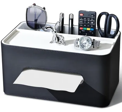 Image de Boîte à mouchoirs avec 2 compartiments et espace de rangement, en cuir synthétique (PU), noire