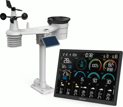 A white weather station sensor unit and a digital display screen showing weather data are presented against a white background.