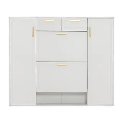 Produktbild von Flieks Schuhschrank mit 2 Klappen, 120x24x107 cm, Klappschuhschrank, Schuhkipper mit goldenen Griffen, Schuhkommode für Flur, weiß
