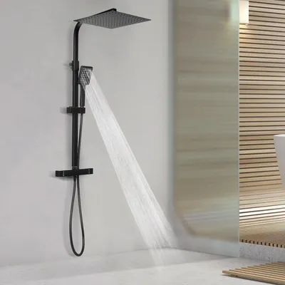 Obrázek produktu pro Termostatická sprchová souprava - Dešťový sprchový systém - 30×30 cm sprchová hlavice, ruční sprcha, 1,5 m hadice, ochrana proti opaření, výškově nastavitelná 70-105 cm, odolná proti rzi - Černá barva