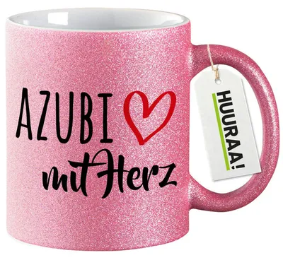 Produktbild von Huuraa Glitzertasse Azubi mit Herz 330ml Pink Keramik Kaffeebecher Geschenkidee