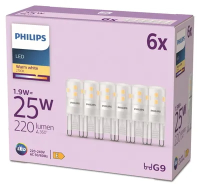 Productafbeelding van Philips LED-lampen, 25W, G9 fitting, 6 stuks, 1,9W (verbruik), 25W (equivalent), G9 fitting, 220 lm (lichtopbrengst), 15.000 uur (levensduur), warm wit licht