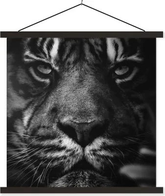 Produktbild von MuchoWow® Textilposter Tiere - Tiger - Wild - Schwarz - Weiß 60x60 cm mit schwarzem Rahmen - Posteraufhänger