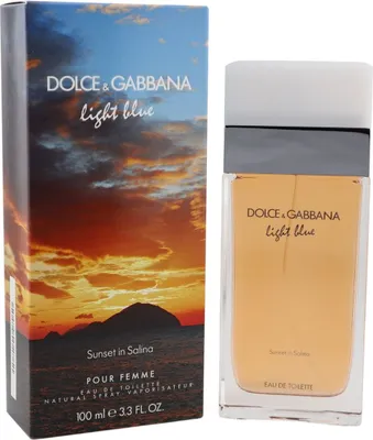 Dolce & Gabbana Light Blue Sunset in Salina 100ml mit rechteckigem Flakon und Verpackung mit Sonnenuntergangs-Motiv über dem Meer.
