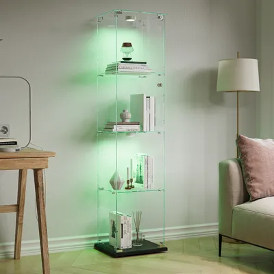 Produktbild von UnboxG Vitrine mit LED Beleuchtung, Glasvitrine Standvitrine in Schwarz, Modern Glas Holz Vitrine 4-Lagen Vitrine aus Glas für Sammlerstücke Bücher Wein, für Büro Wohnzimmer Küche, 163x35x39.8cm