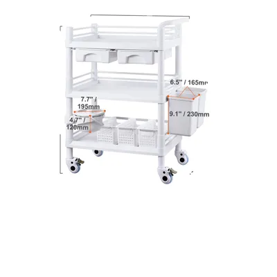 A white laboratory cart with multiple shelves and drawers, shown against a white background with measurement annotations.