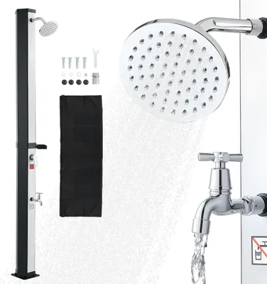 Produktbild von VEVOR Solardusche 35 L, Gartendusche 2160 mm, Außendusche mit Fußarmatur & Seifenablage, Warm- & Kaltwasserregulierung, max. 60°C, Campingdusche für Garten, Poolbereich, Strandpool, Schwarz/Silber