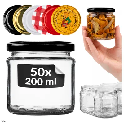 Zdjęcie produktu dla SuperButelki - 50x Słoiki szklane 212 ml z zakrętkami fi 66 mm, zestaw słoików 0,212 l wieczka, przetwory dżemy komplet 0,212l słoik + E-BOOK przepisy