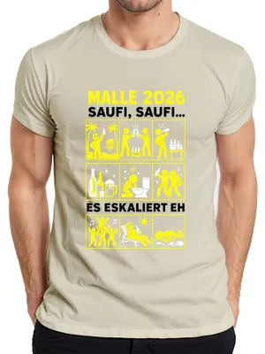 Imagen del producto de Malle 2026 Saufi Saufi. Camiseta para hombre con diseño "Mallorca Party Ballermann", color natural, talla L