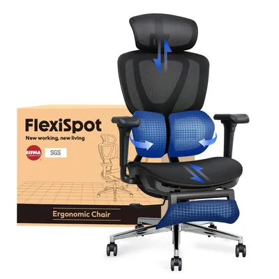 Produktbild von FLEXISPOT Sentinel Ergonomischer Bürostuhl mit Dual-Wing-Lendenstütze, 3D-Kopfstütze & Armlehnen, Fußstütze, Verstellbare Sitztiefe (Schwarz)