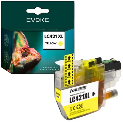Image de Encre de recharge Evoke pour imprimantes Brother LC-421 XL, couleur jaune, 10 ml, rendement de 500 pages, compatible avec les modèles LC-421, DCP-J1050DW, DCP-J1140DW et MFC-J1010DW