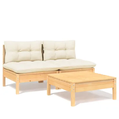 Produktbild von 3-tlg. Garten-Lounge-Set mit Creme Kissen Kiefernholz