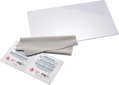 A white tempered glass screen protector for a Nintendo Switch, along with two disinfectant wipes and a cleaning cloth, laid out on a white background.