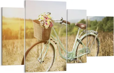 Produktbild von Bild auf Leinwand - Leinwandbild - 4 Teile - Fahrrad Wiese Blumen - 120x70cm - Wand Bild - Wanddeko - Wandbilder - Leinwanddruck - Bilder - Wanddekoration - Leinwand bilder - Wandbild - DL120x70-4206