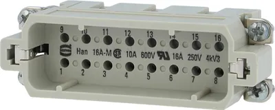 Produktbild von HARTING Han 16A Stifteinsatz (M) Crimpanschluss, 16-polig+PE 250V, 16A - 1 Stück