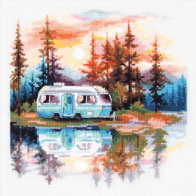 Produktbild von Magic Needle Kreuzstich Stickpackung "Sonnenuntergang am See", Zählmuster, 18x18cm
