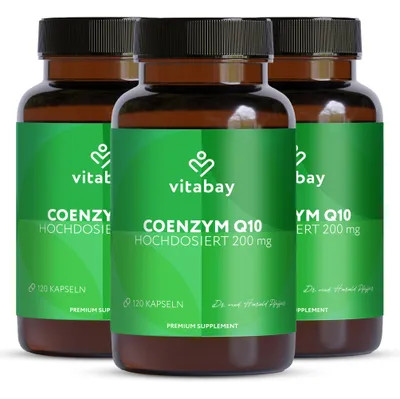 Produktbild von Vitabay Coenzym Q10 (Ubiquinon) 200 mg – 360 vegane Kapseln – hochdosiert, aus pflanzlicher Fermentation – ohne Zusatzstoffe – 6 Monate Vorrat