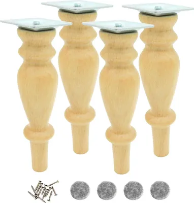 Four wooden furniture legs with metal mounting plates, along with screws and felt pads, are displayed against a white background.