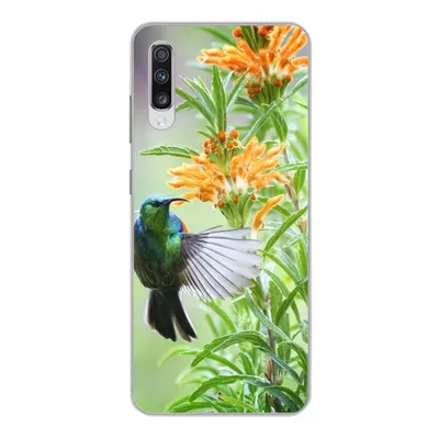 Produktbild von MuchoWow® Handyhülle Schutzhülle Hülle für Samsung Galaxy A70 Nahaufnahme eines bunten Vogels neben Pflanzen mit orangefarbenen Blüten Silikon Softcase Handy Hülle - Schutzhaube