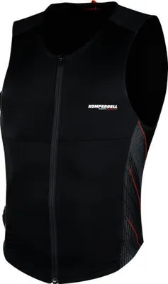 A black vest with red accents, shown from a three-quarter angle.