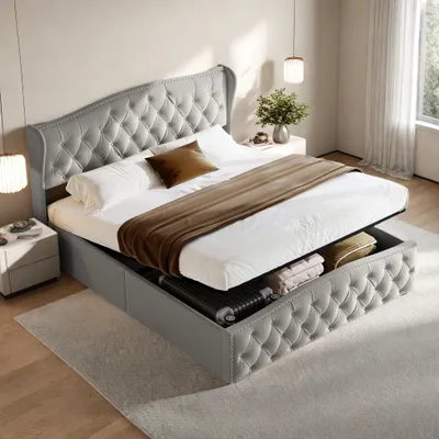 Produktbild von UnboxG Polsterbett 160 x 200 cm mit Gasdruckheber & Stauraum – Doppelbett, Stoffbezug, Grau, modernes Bettgestell mit großem Bettkasten
