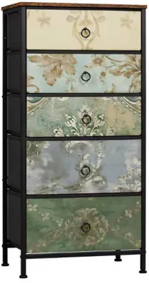Produktbild von Kommode mit 5 Schubladen, Vintage Holzoptik, Metallrahmen, 45x95x30 cm, Blumenmuster