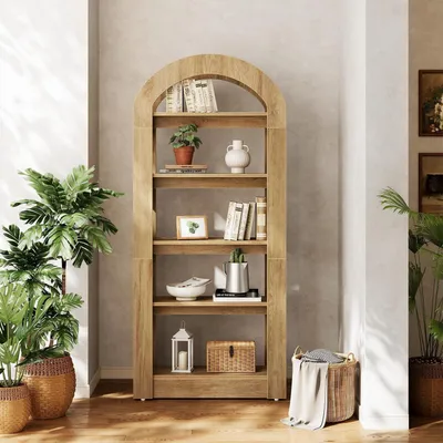 Immagine prodotto di Libreria in legno, a 5 ripiani, a forma di arco, altezza 180 cm, finitura noce