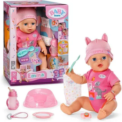 Produktbild von Poupon Emma BABY BORN, 43 cm, Click & Play, 10 Funktionen, 8 Zubehörteile, ohne Batterien, bewegliche Arme und Ellenbogen