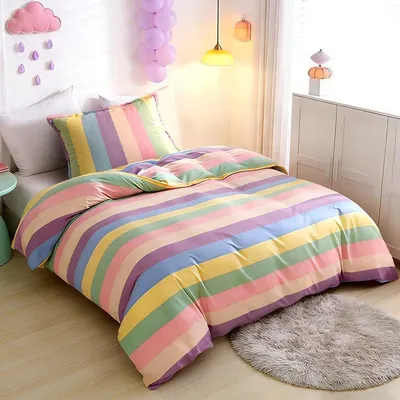 Kinderbettwäsche Set 135 x 200 cm - Mehrfarbige Regenbogenstreifen - Inklusive Kissenbezug 80 x 80 cm - ShopVlot