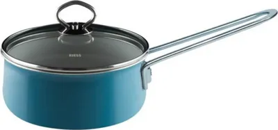 Produktbild von Riess Nouvelle Aquamarin Stielkasserole mit Glasdeckel Ø16cm, 1 Liter Emaille extrastark
