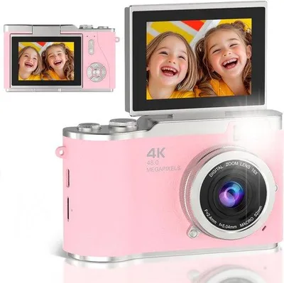 Immagine prodotto di Videocamera digitale 4K per vlog con sensore da 48 MP, schermo ribaltabile, zoom ottico 8x, memoria da 32 GB, schermo HD da 2,4 pollici, illuminazione a LED, colore rosso, ideale per adolescenti e studenti
