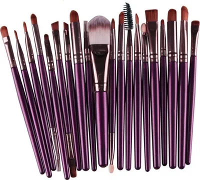 Image de 20 pinceaux de maquillage professionnels : ensemble comprenant pinceaux pour fond de teint et fards à paupières, manche en bois et poils en nylon, couleur marron/violet