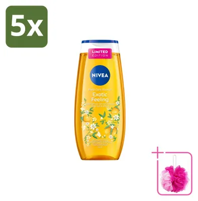 Imagen del producto de 5 unidades de gel de ducha Nivea, línea "Exotic Feeling", 250 ml cada uno. Paquete económico