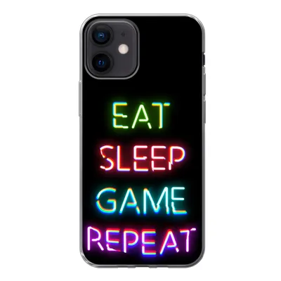 Produktbild von MuchoWow® Handyhülle Schutzhülle Hülle für iPhone 12 Gaming - Led - Zitat - Eat sleep game repeat - Gaming Silikon Softcase Handy Hülle - Schutzhülle