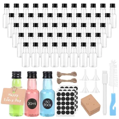 Imagen del producto de Juego de 50 mini botellas de plástico con tapa, ideales para bebidas