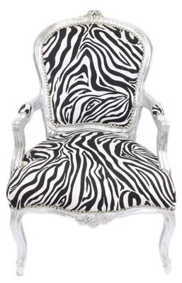 Produktbild von Casa Padrino Barock Salon Stuhl Zebra / Silber mit Armlehnen - Barockmöbel