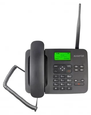 A black Aligator T100 phone with an antenna and coiled cord, isolated on a white background.