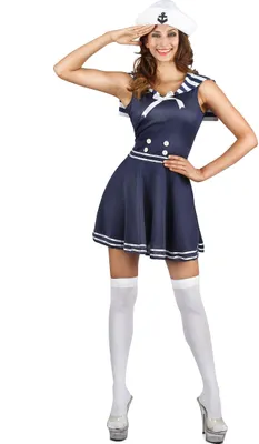 A woman in a sailor costume posing against a white background.