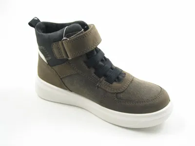 A single brown high-top boot with black laces and a white sole, shown against a white background.