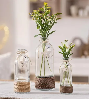 Produktbild von 3x Vase "Blume & Schmetterling" aus Glas in Flaschenform, Blumenvase, Dekovase, Glasvase, Vasenset, Tischvase