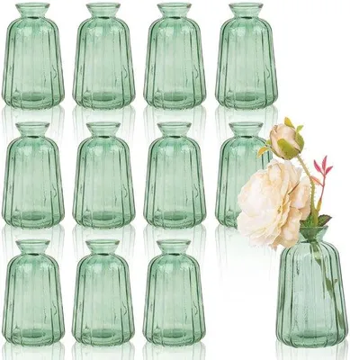 Zdjęcie produktu dla Mini szklane wazoniki do dekoracji stołu, 12 sztuk małych jasnozielonych wazoników (11 x 6,5 cm)