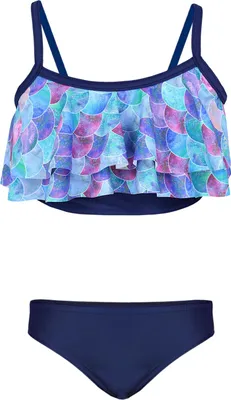 Produktbild von Aquarti Mädchen Bikini Set Bustier Bikinislip Zweiteiliger Badeanzug, Farbe: 030A mit Rüschen / Meerjungfrau Lila / Dunkelblau, Größe: 116